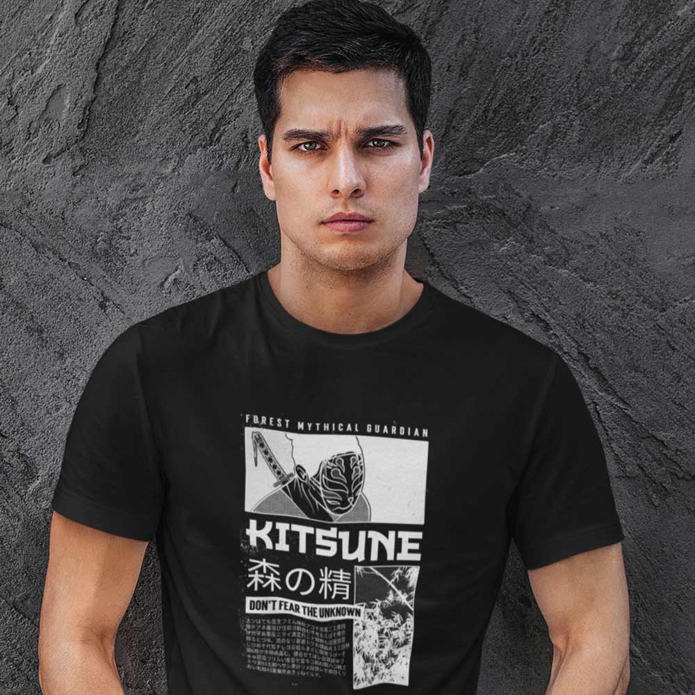 Pure Cotton Bio-Washed T-Shirt Chest Printed-Japanese Anime Art Series - 6 - Kitsune Forest Mythical Guardian Design-by ZingerTees-Unisex-EL9120220 - Image 3