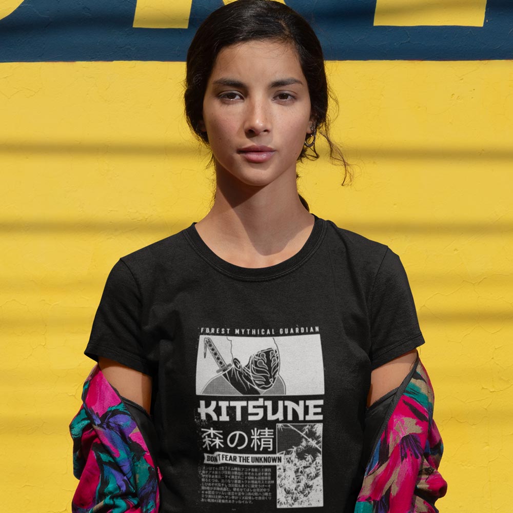 Pure Cotton Bio-Washed T-Shirt Chest Printed-Japanese Anime Art Series - 6 - Kitsune Forest Mythical Guardian Design-by ZingerTees-Unisex-EL9120220 - Image 2