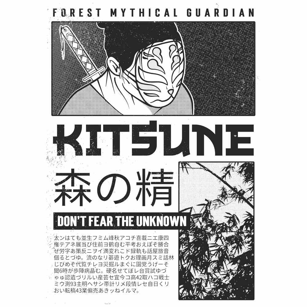 Pure Cotton Bio-Washed T-Shirt Chest Printed-Japanese Anime Art Series - 6 - Kitsune Forest Mythical Guardian Design-by ZingerTees-Unisex-EL9120220 - Image 9