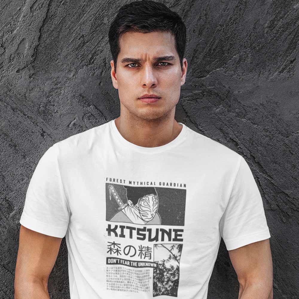 Pure Cotton Bio-Washed T-Shirt Chest Printed-Japanese Anime Art Series - 6 - Kitsune Forest Mythical Guardian Design-by ZingerTees-Unisex-EL9120220