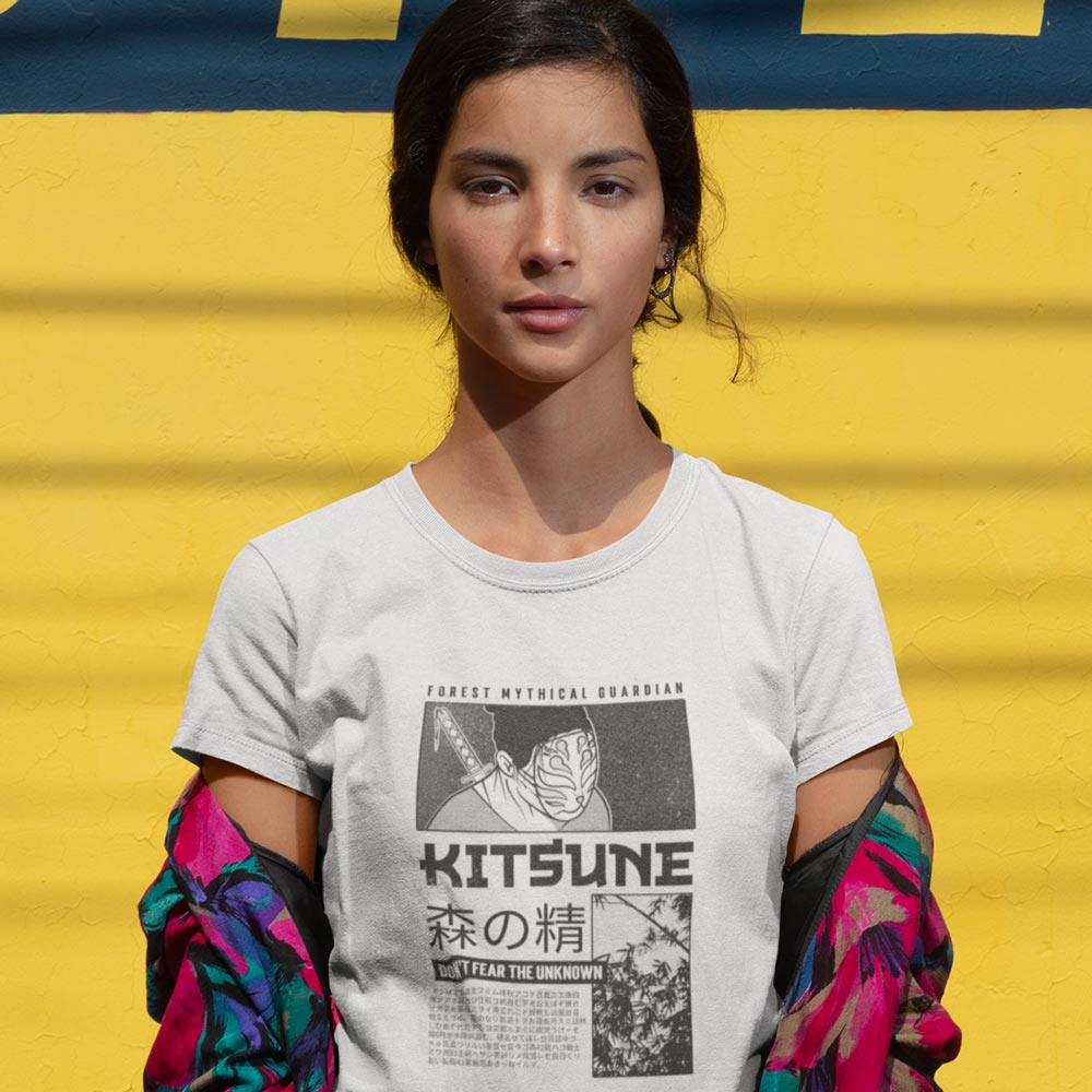Pure Cotton Bio-Washed T-Shirt Chest Printed-Japanese Anime Art Series - 6 - Kitsune Forest Mythical Guardian Design-by ZingerTees-Unisex-EL9120220 - Image 4