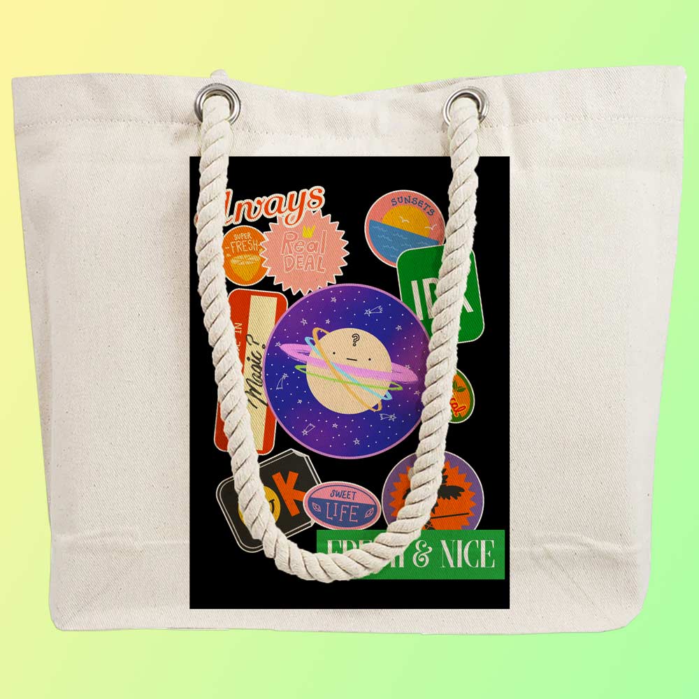Eco-Friendly Recycled Cotton Canvas Tote Bag - Funny Stickers Design No.2 - EL8220146 - Image 2