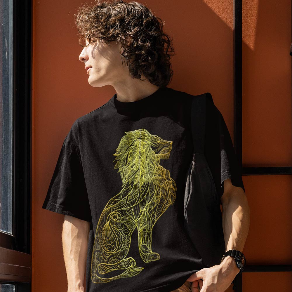 Pure Cotton Bio-Washed Chest Printed T-Shirt - Eco Earth - Lion Mandala Design-by ZingerTees-Unisex-EL9120295
